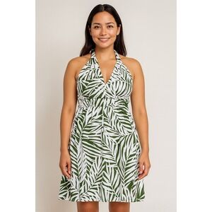 NWT Muse Green White Palm‎ Print Halter Dress Size 10 Fit & Flare Tropical